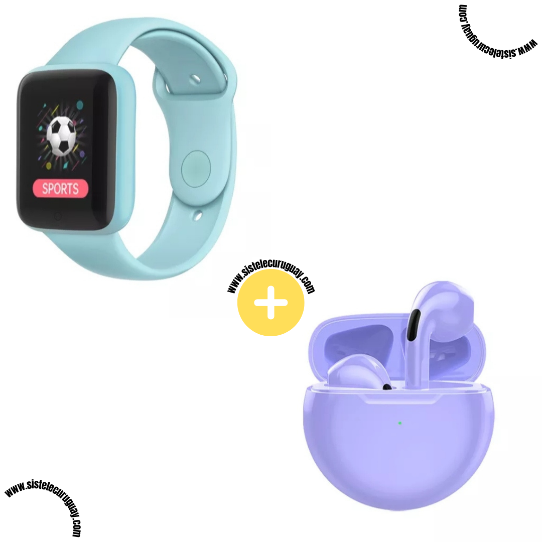 Smart Bracelet D20 PRO con Monitor Cardíaco y Control Deportivo + Auriculares Inalámbricos PRO6 con Bluetooth 5.0 y Caja de Carga
