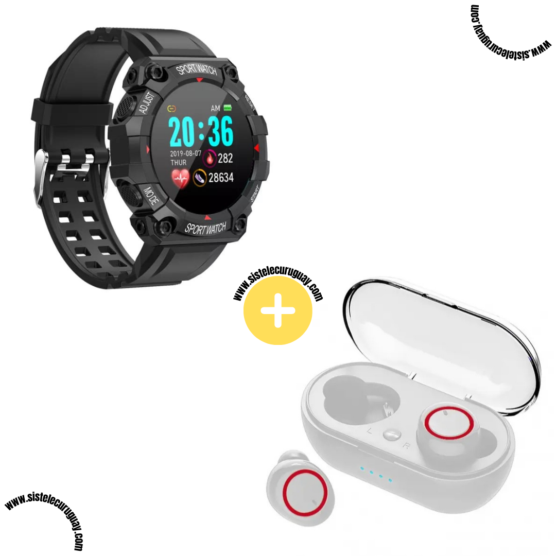 Sport Watch con Funciones Deportivas y Monitor Cardíaco + Auriculares Inalámbricos TWS Táctiles con Caja de Carga