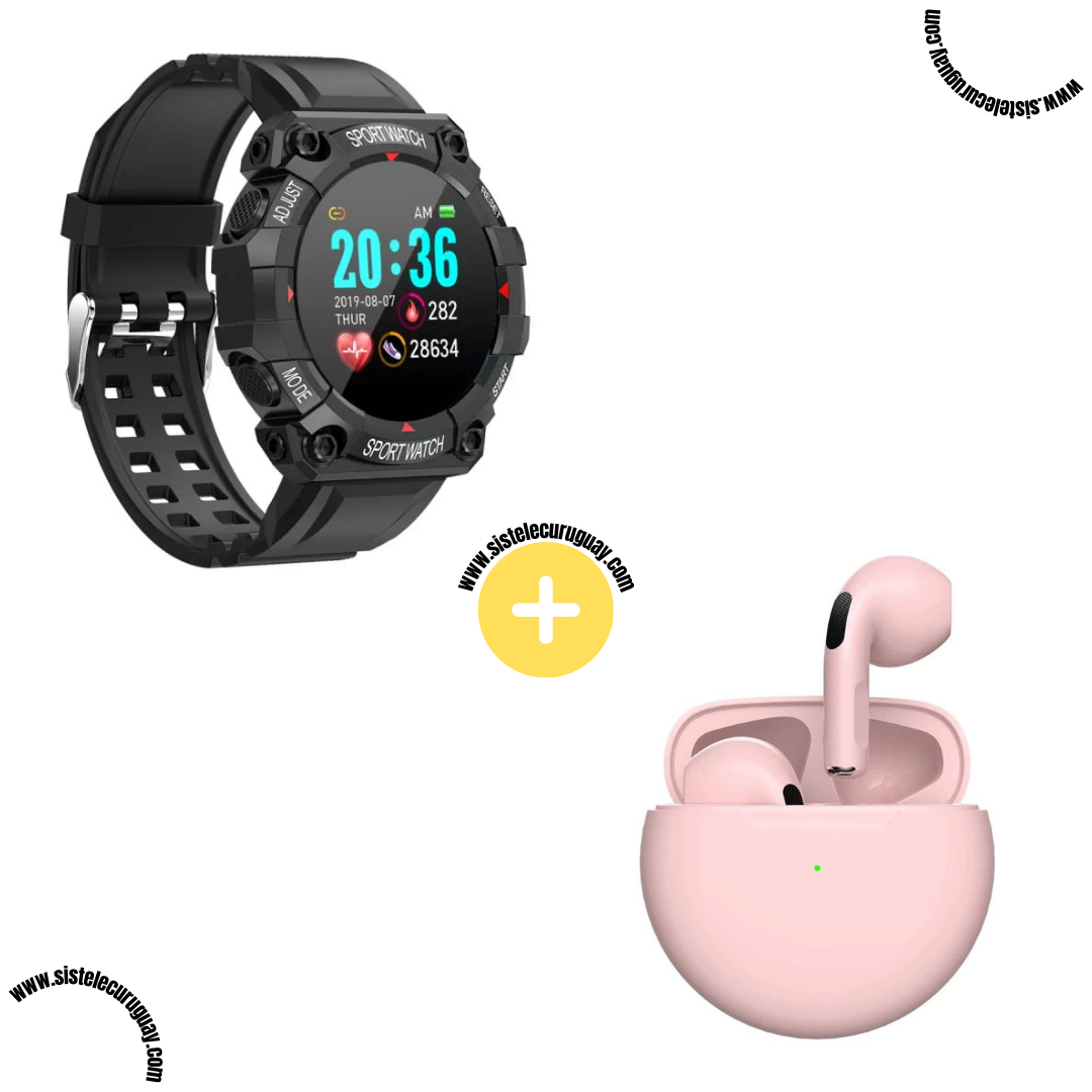 Sport Watch con Monitor Cardíaco y Funciones Deportivas + Auriculares Inalámbricos PRO6 con Bluetooth 5.0 y Caja de Carga