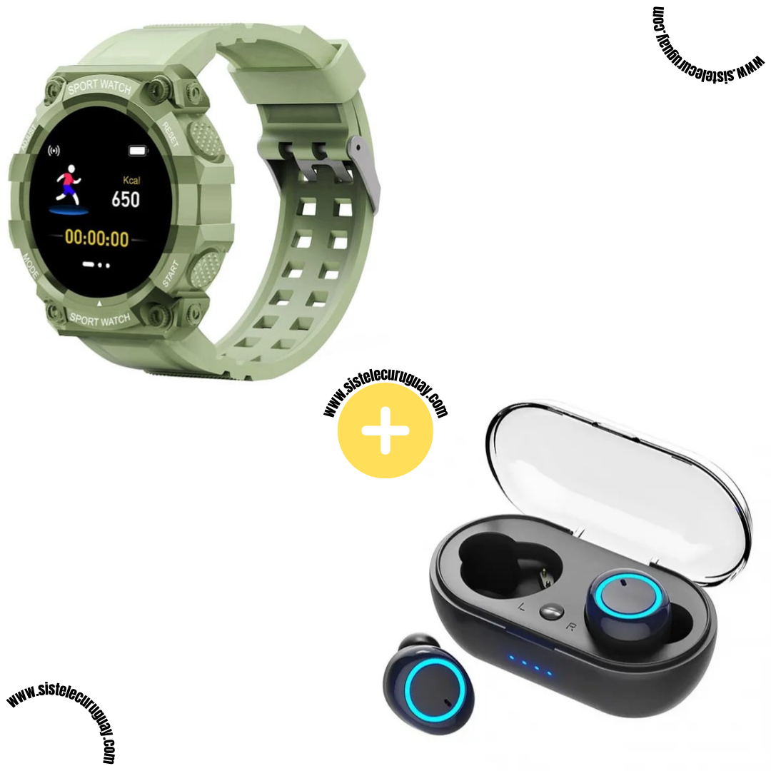 Sport Watch con Funciones Deportivas y Monitor Cardíaco + Auriculares Inalámbricos TWS Táctiles con Caja de Carga