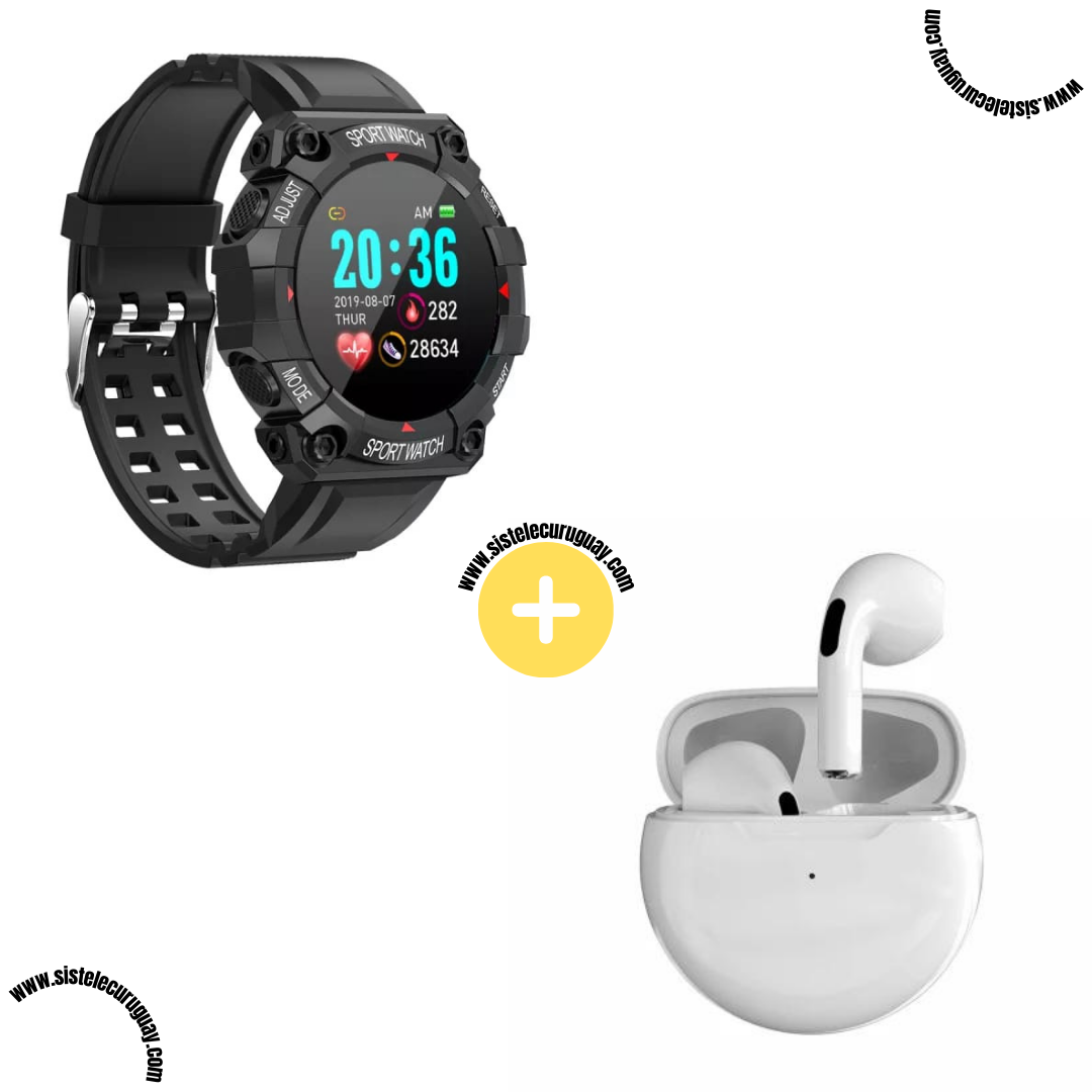 Sport Watch con Monitor Cardíaco y Funciones Deportivas + Auriculares Inalámbricos PRO6 con Bluetooth 5.0 y Caja de Carga