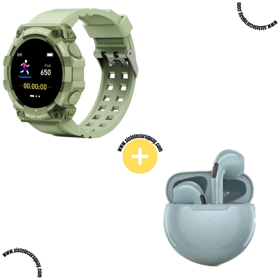 Sport Watch con Monitor Cardíaco y Funciones Deportivas + Auriculares Inalámbricos PRO6 con Bluetooth 5.0 y Caja de Carga