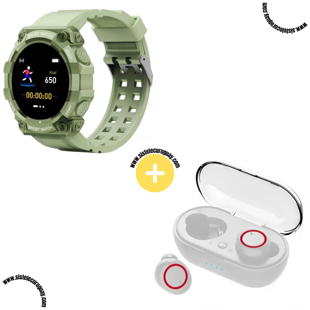 Sport Watch con Funciones Deportivas y Monitor Cardíaco + Auriculares Inalámbricos TWS Táctiles con Caja de Carga