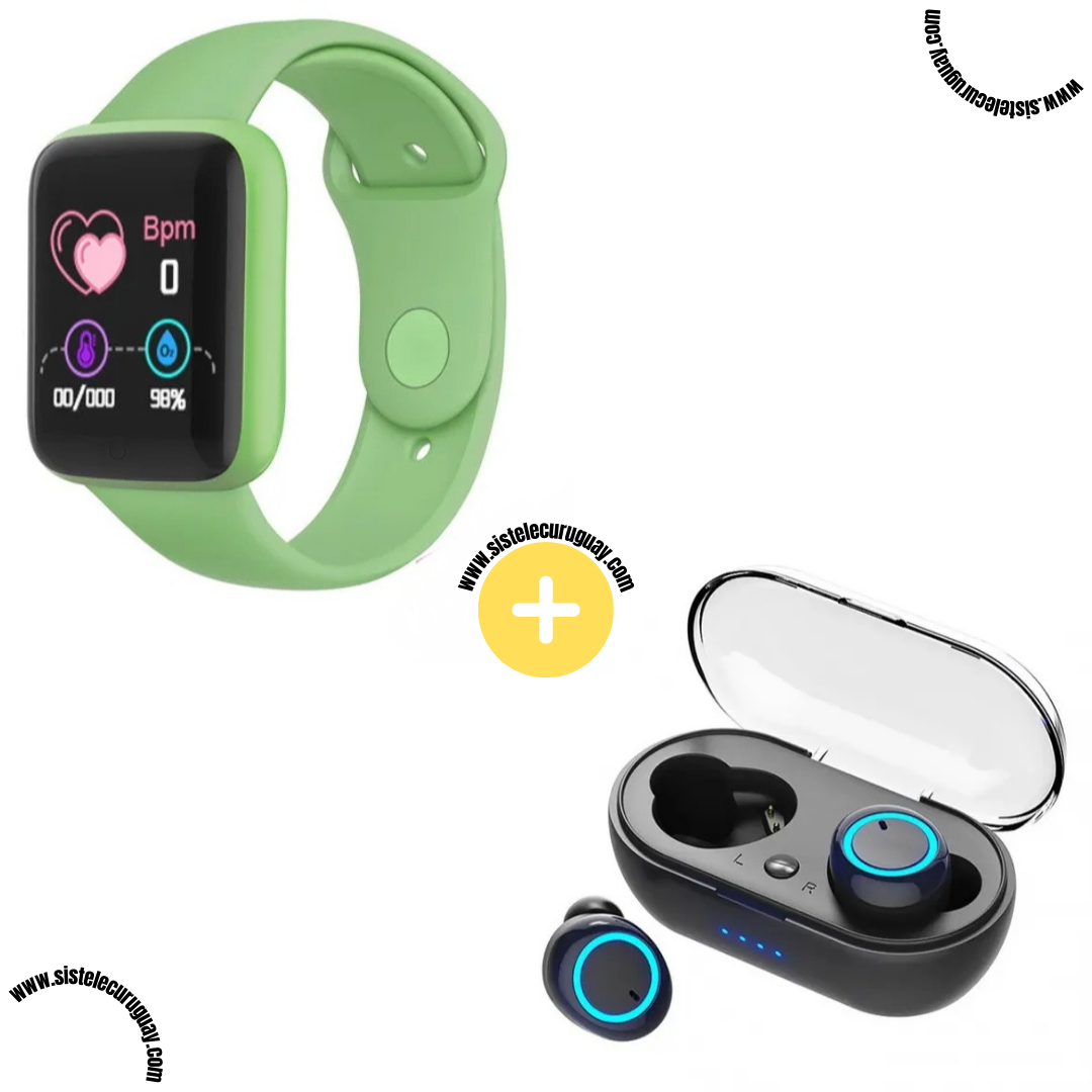Smart Bracelet D20 PRO con Monitor Cardíaco y Control Deportivo + Auriculares Inalámbricos TWS Táctiles con Caja de Carga