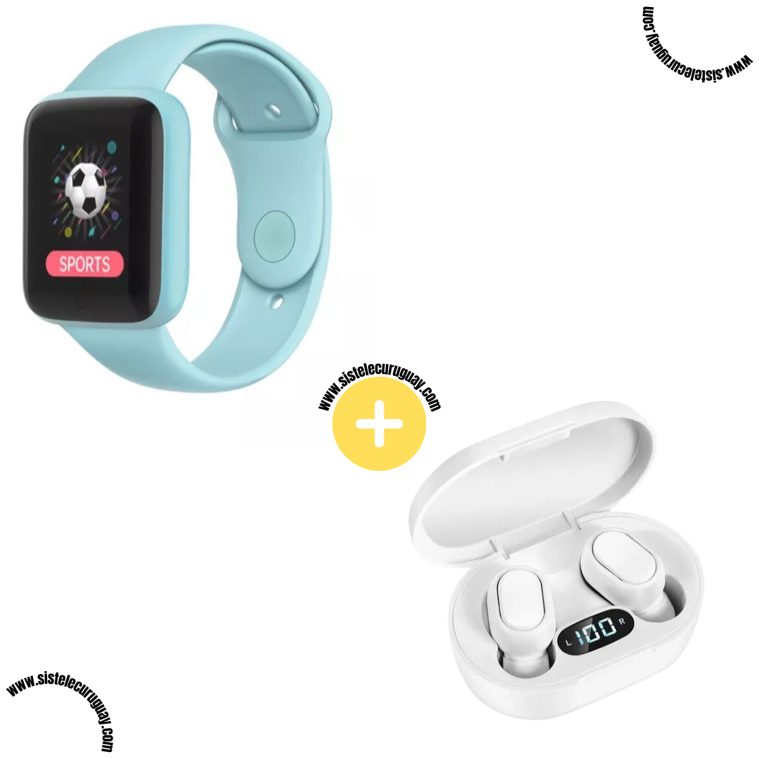 Smart Bracelet D20 PRO con Monitor Cardíaco y Presión Arterial + Auriculares Inalámbricos E6S con Bluetooth 5.0, Pantalla LED y Caja de Carga