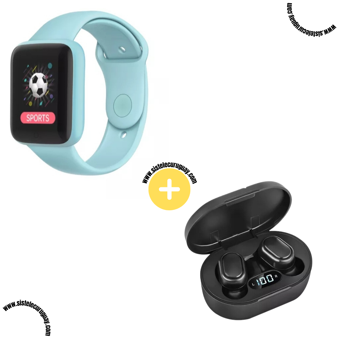Smart Bracelet D20 PRO con Monitor Cardíaco y Presión Arterial + Auriculares Inalámbricos E6S con Bluetooth 5.0, Pantalla LED y Caja de Carga