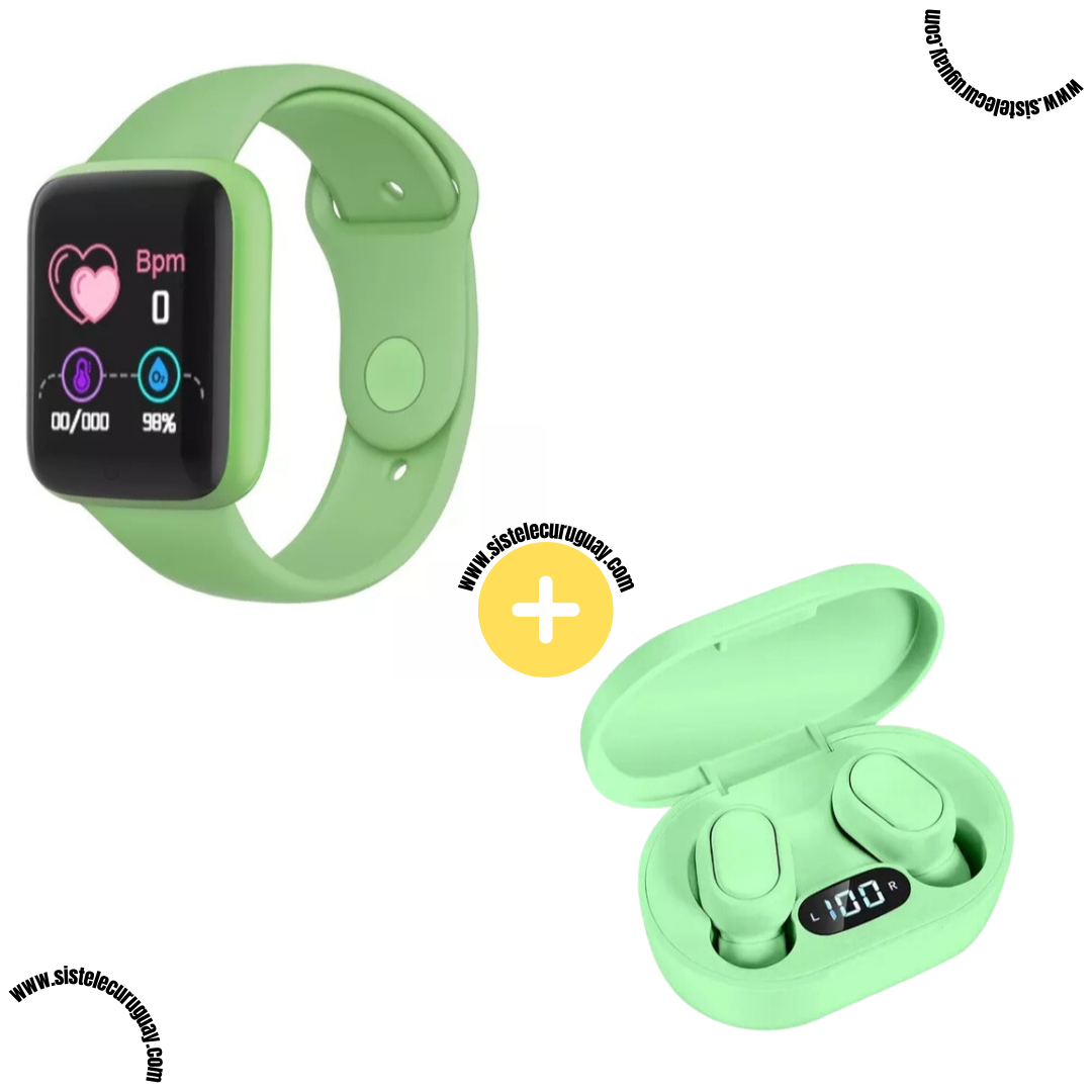 Smart Bracelet D20 PRO con Monitor Cardíaco y Presión Arterial + Auriculares Inalámbricos E6S con Bluetooth 5.0, Pantalla LED y Caja de Carga