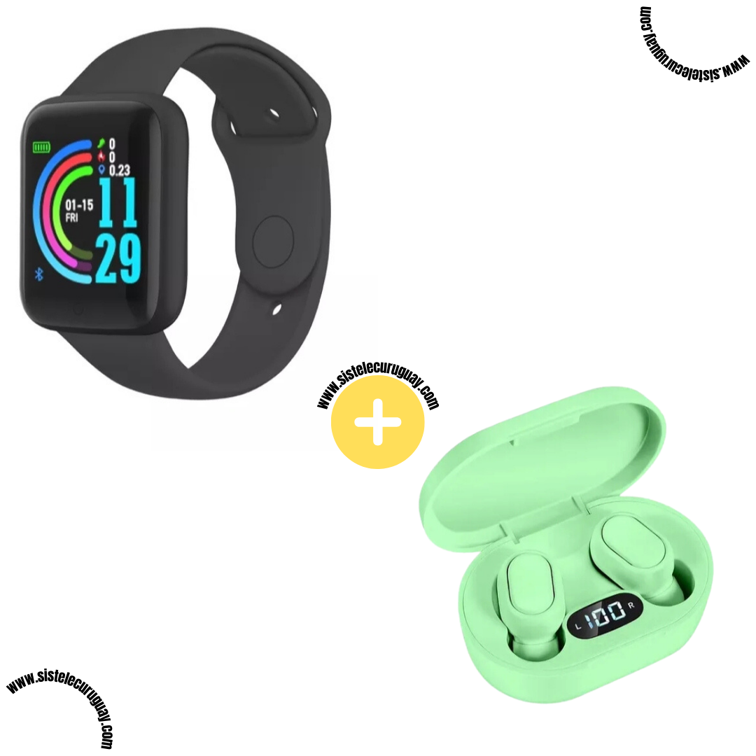 Smart Bracelet D20 PRO con Monitor Cardíaco y Presión Arterial + Auriculares Inalámbricos E6S con Bluetooth 5.0, Pantalla LED y Caja de Carga