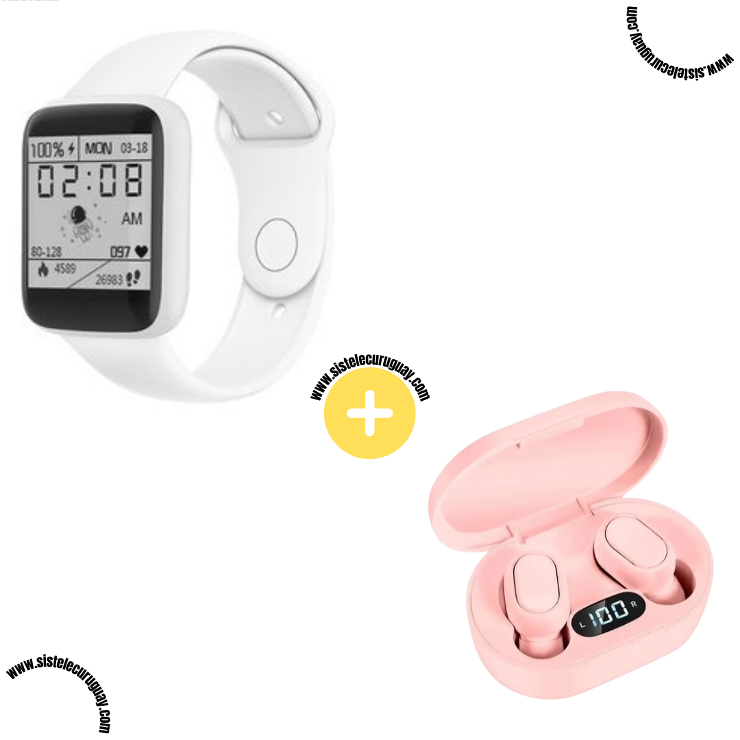 Smart Bracelet D20 PRO con Monitor Cardíaco y Presión Arterial + Auriculares Inalámbricos E6S con Bluetooth 5.0, Pantalla LED y Caja de Carga