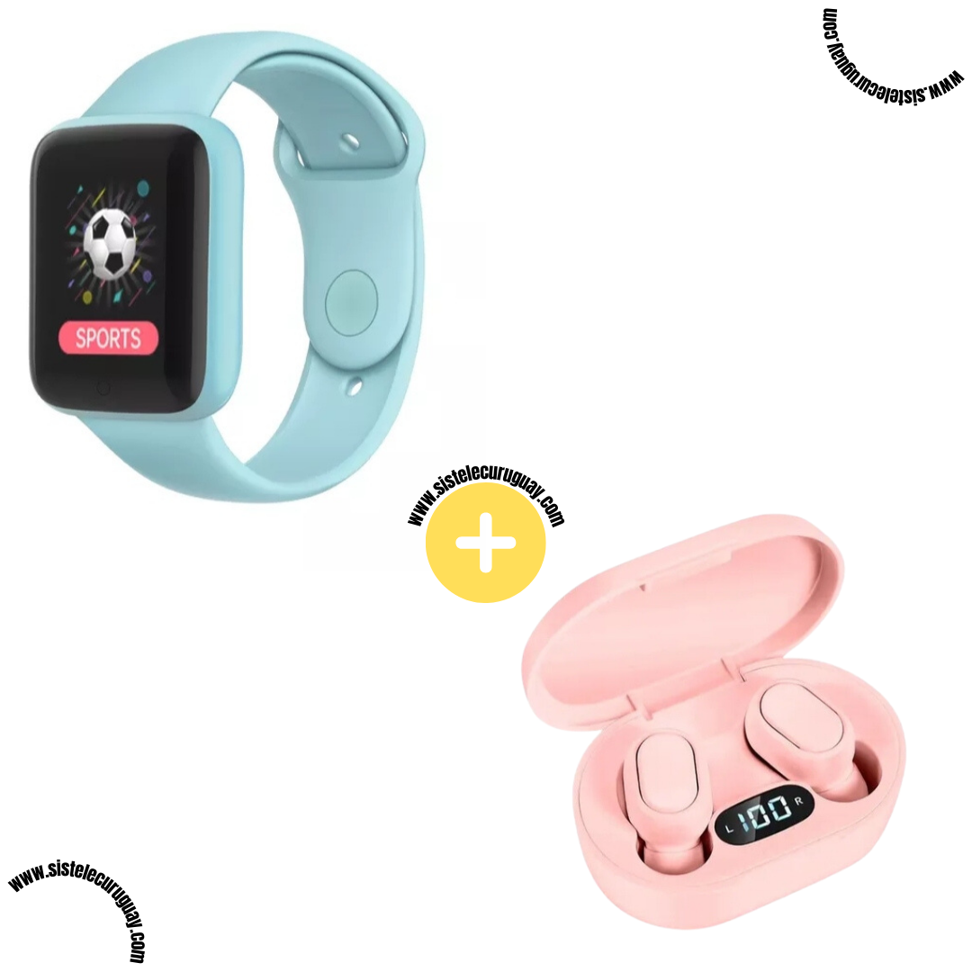Smart Bracelet D20 PRO con Monitor Cardíaco y Presión Arterial + Auriculares Inalámbricos E6S con Bluetooth 5.0, Pantalla LED y Caja de Carga