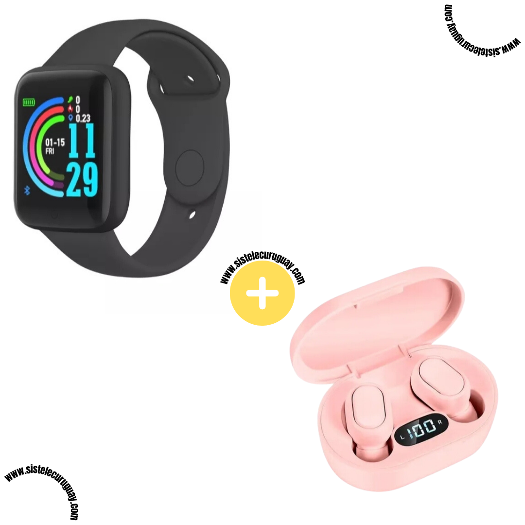 Smart Bracelet D20 PRO con Monitor Cardíaco y Presión Arterial + Auriculares Inalámbricos E6S con Bluetooth 5.0, Pantalla LED y Caja de Carga