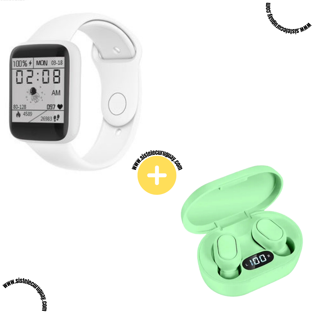 Smart Bracelet D20 PRO con Monitor Cardíaco y Presión Arterial + Auriculares Inalámbricos E6S con Bluetooth 5.0, Pantalla LED y Caja de Carga