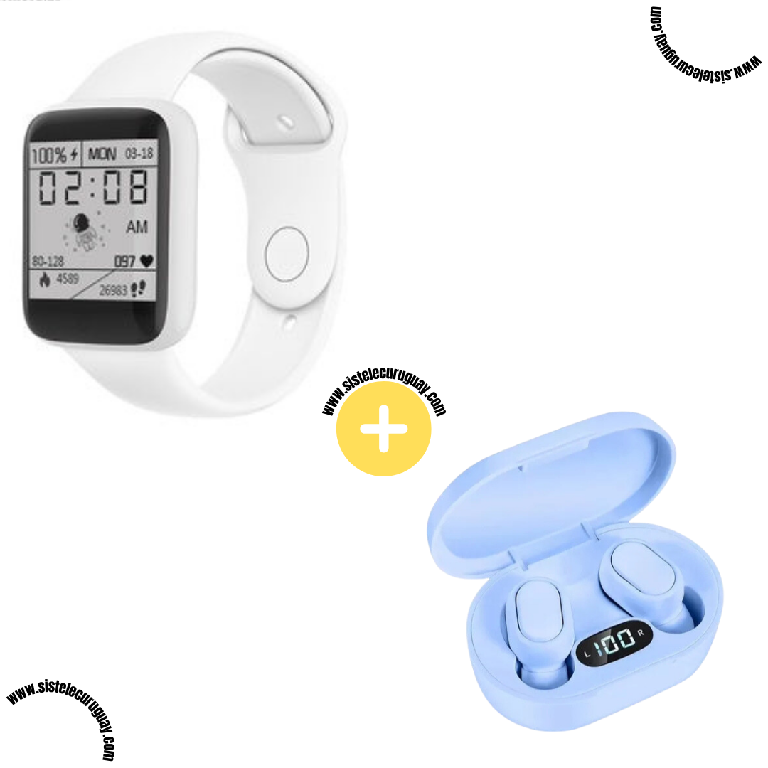 Smart Bracelet D20 PRO con Monitor Cardíaco y Presión Arterial + Auriculares Inalámbricos E6S con Bluetooth 5.0, Pantalla LED y Caja de Carga