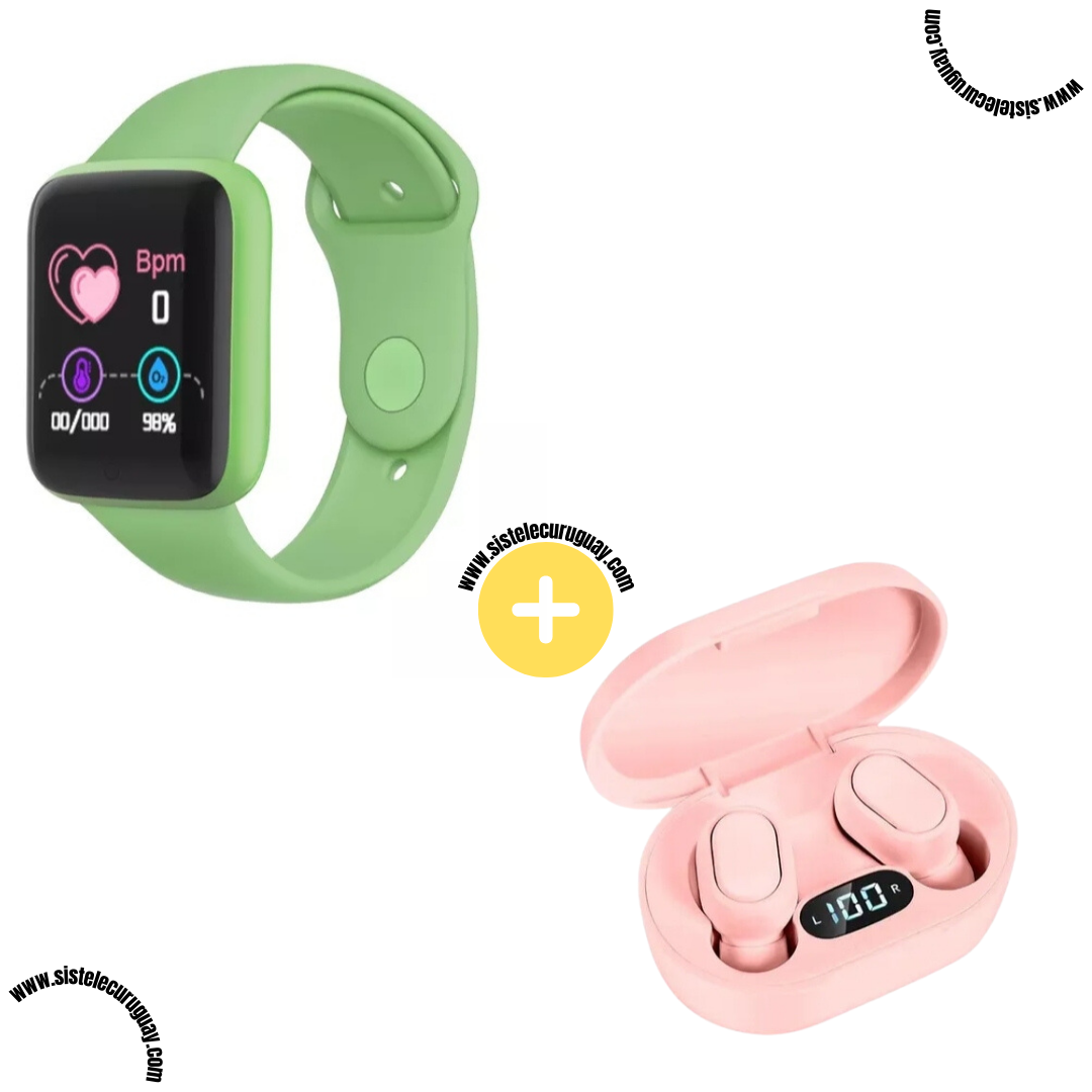 Smart Bracelet D20 PRO con Monitor Cardíaco y Presión Arterial + Auriculares Inalámbricos E6S con Bluetooth 5.0, Pantalla LED y Caja de Carga
