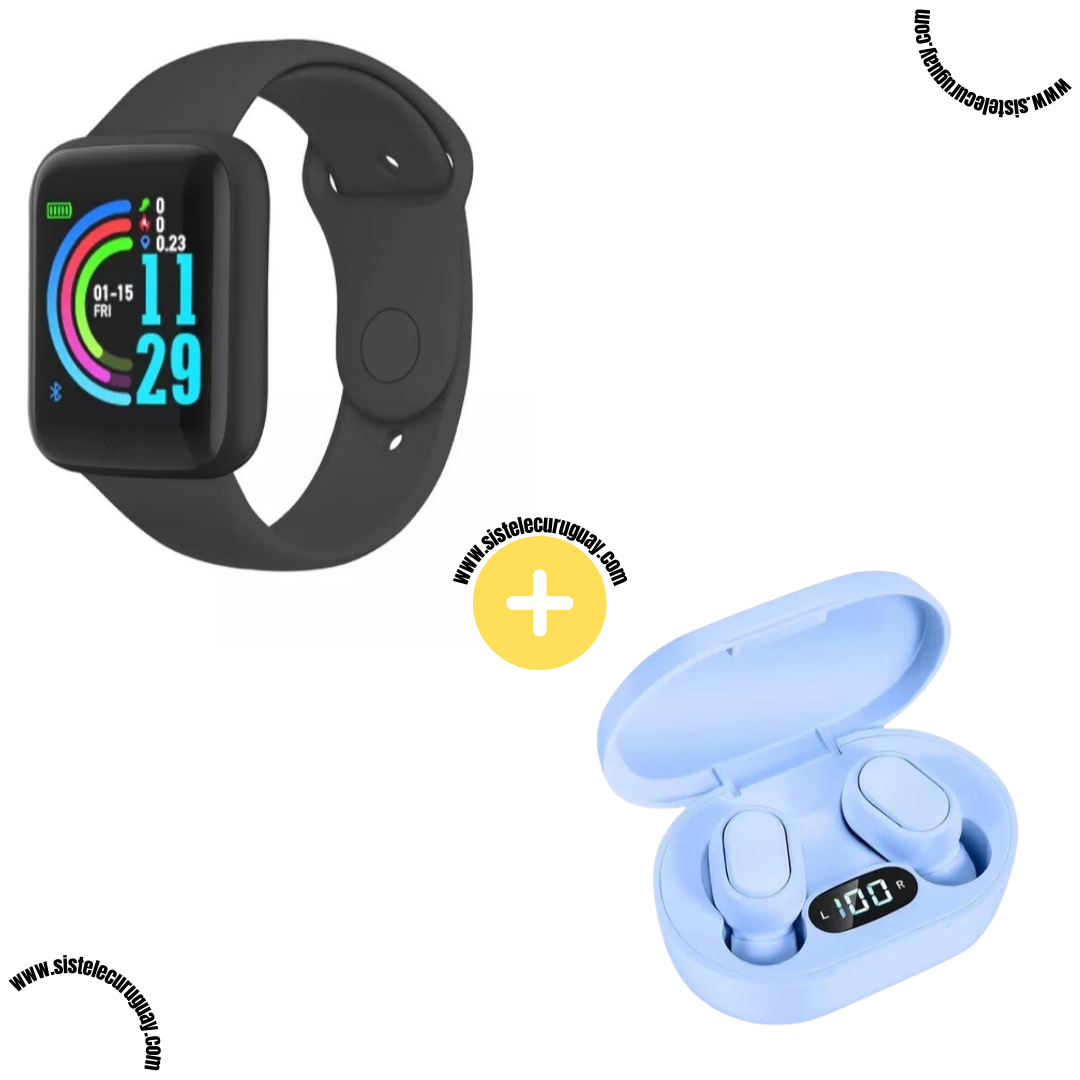 Smart Bracelet D20 PRO con Monitor Cardíaco y Presión Arterial + Auriculares Inalámbricos E6S con Bluetooth 5.0, Pantalla LED y Caja de Carga
