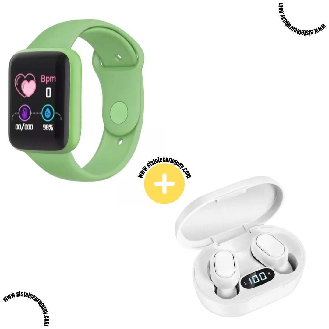 Smart Bracelet D20 PRO con Monitor Cardíaco y Presión Arterial + Auriculares Inalámbricos E6S con Bluetooth 5.0, Pantalla LED y Caja de Carga