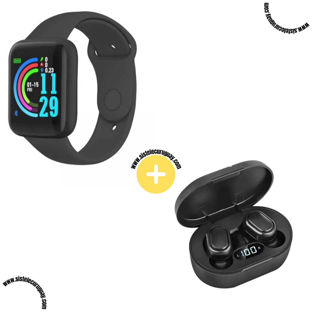Smart Bracelet D20 PRO con Monitor Cardíaco y Presión Arterial + Auriculares Inalámbricos E6S con Bluetooth 5.0, Pantalla LED y Caja de Carga