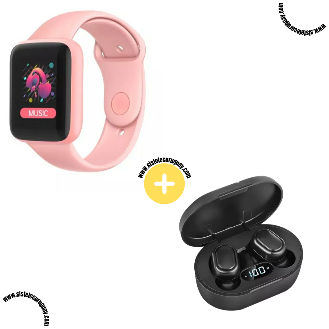Smart Bracelet D20 PRO con Monitor Cardíaco y Presión Arterial + Auriculares Inalámbricos E6S con Bluetooth 5.0, Pantalla LED y Caja de Carga