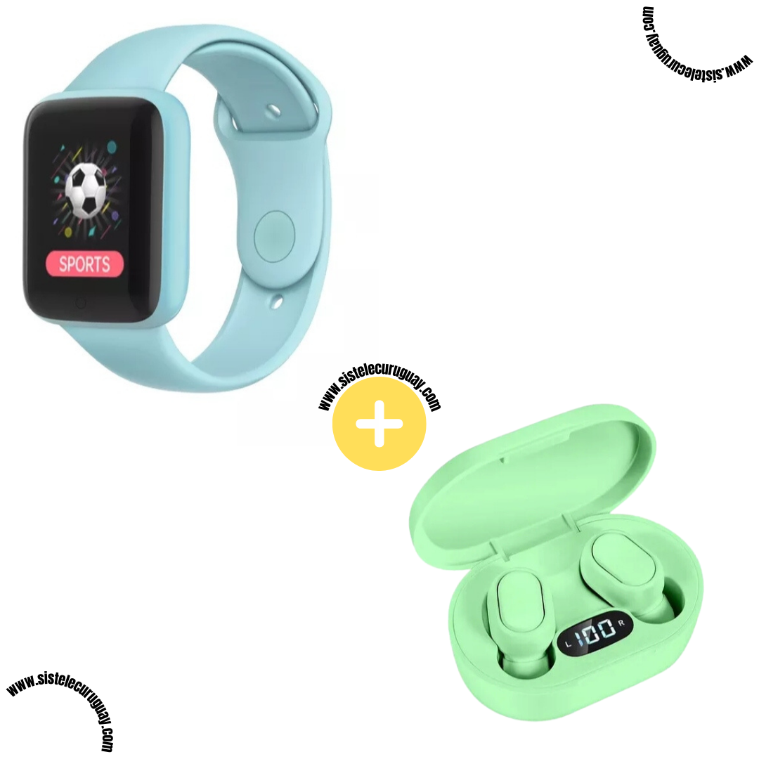 Smart Bracelet D20 PRO con Monitor Cardíaco y Presión Arterial + Auriculares Inalámbricos E6S con Bluetooth 5.0, Pantalla LED y Caja de Carga