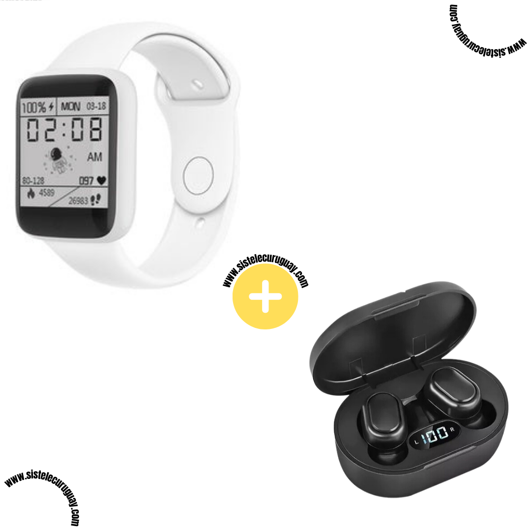 Smart Bracelet D20 PRO con Monitor Cardíaco y Presión Arterial + Auriculares Inalámbricos E6S con Bluetooth 5.0, Pantalla LED y Caja de Carga
