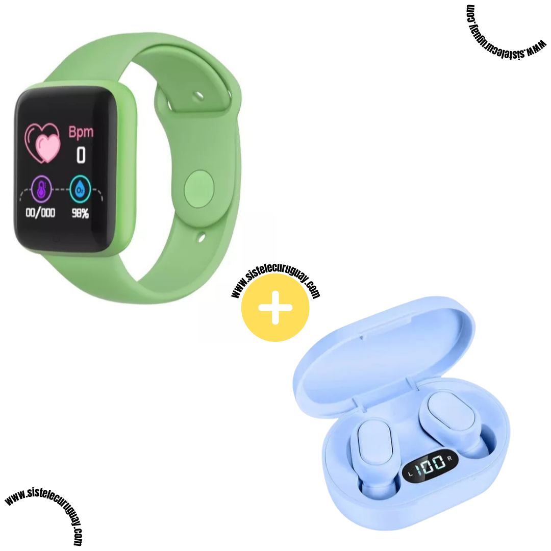 Smart Bracelet D20 PRO con Monitor Cardíaco y Presión Arterial + Auriculares Inalámbricos E6S con Bluetooth 5.0, Pantalla LED y Caja de Carga