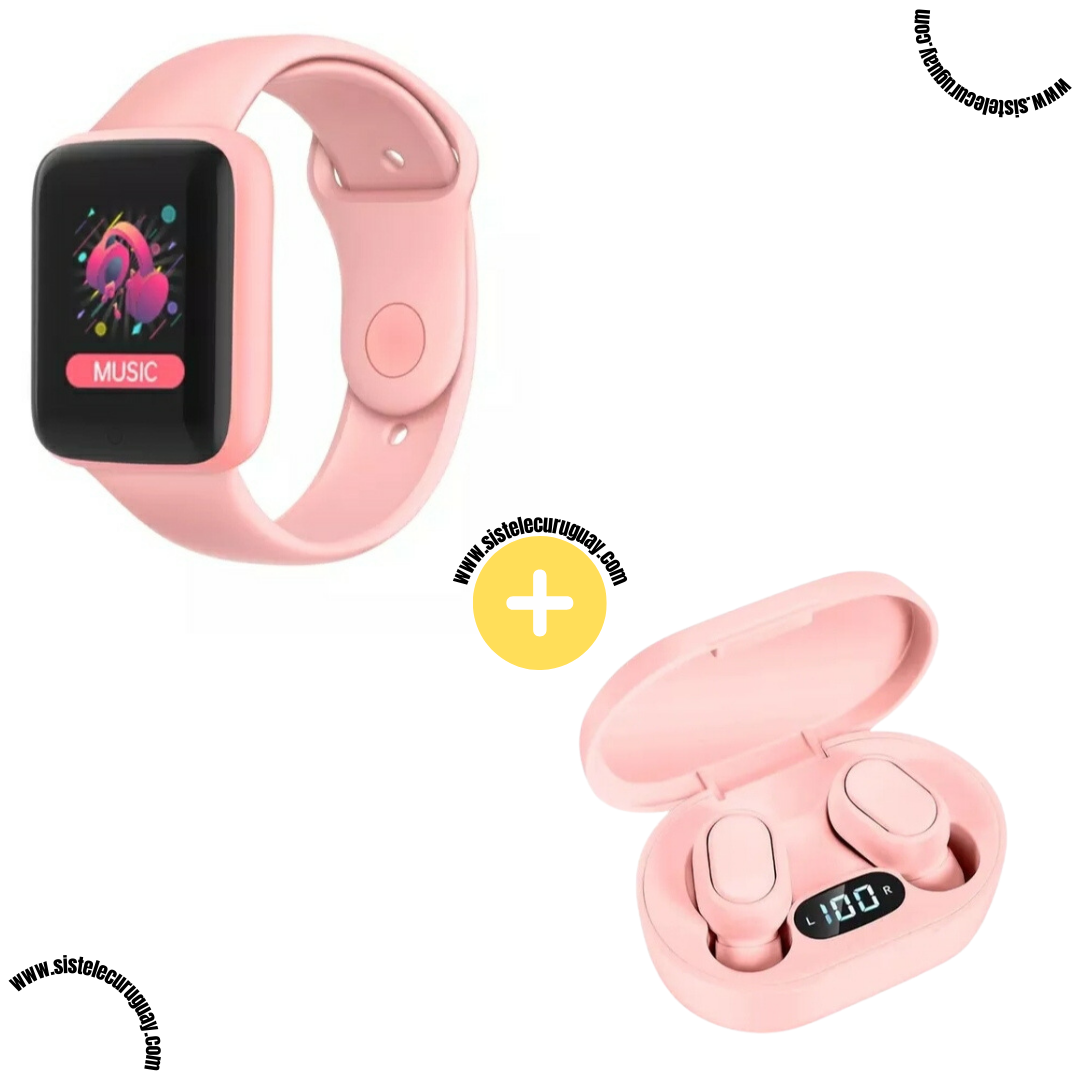 Smart Bracelet D20 PRO con Monitor Cardíaco y Presión Arterial + Auriculares Inalámbricos E6S con Bluetooth 5.0, Pantalla LED y Caja de Carga