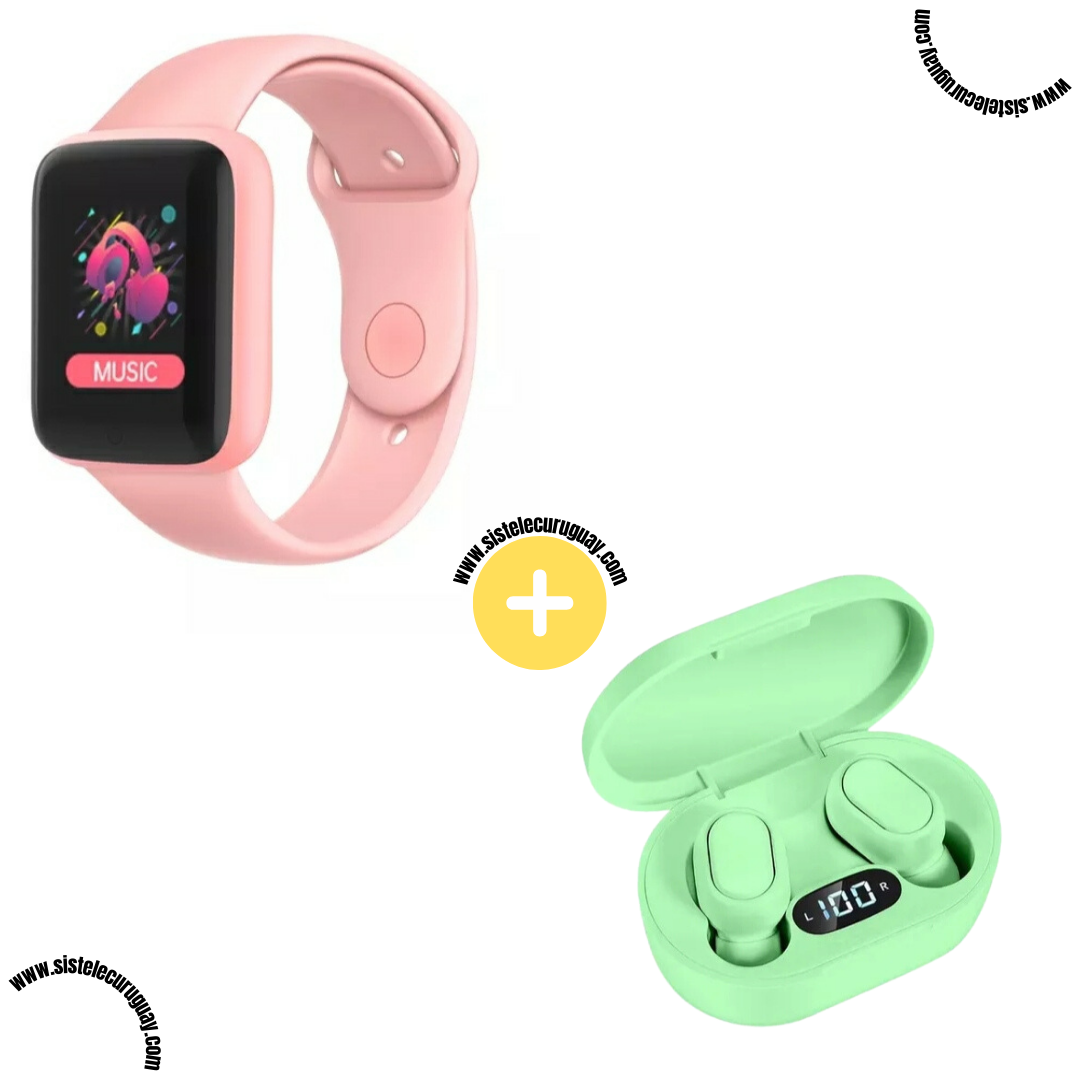 Smart Bracelet D20 PRO con Monitor Cardíaco y Presión Arterial + Auriculares Inalámbricos E6S con Bluetooth 5.0, Pantalla LED y Caja de Carga