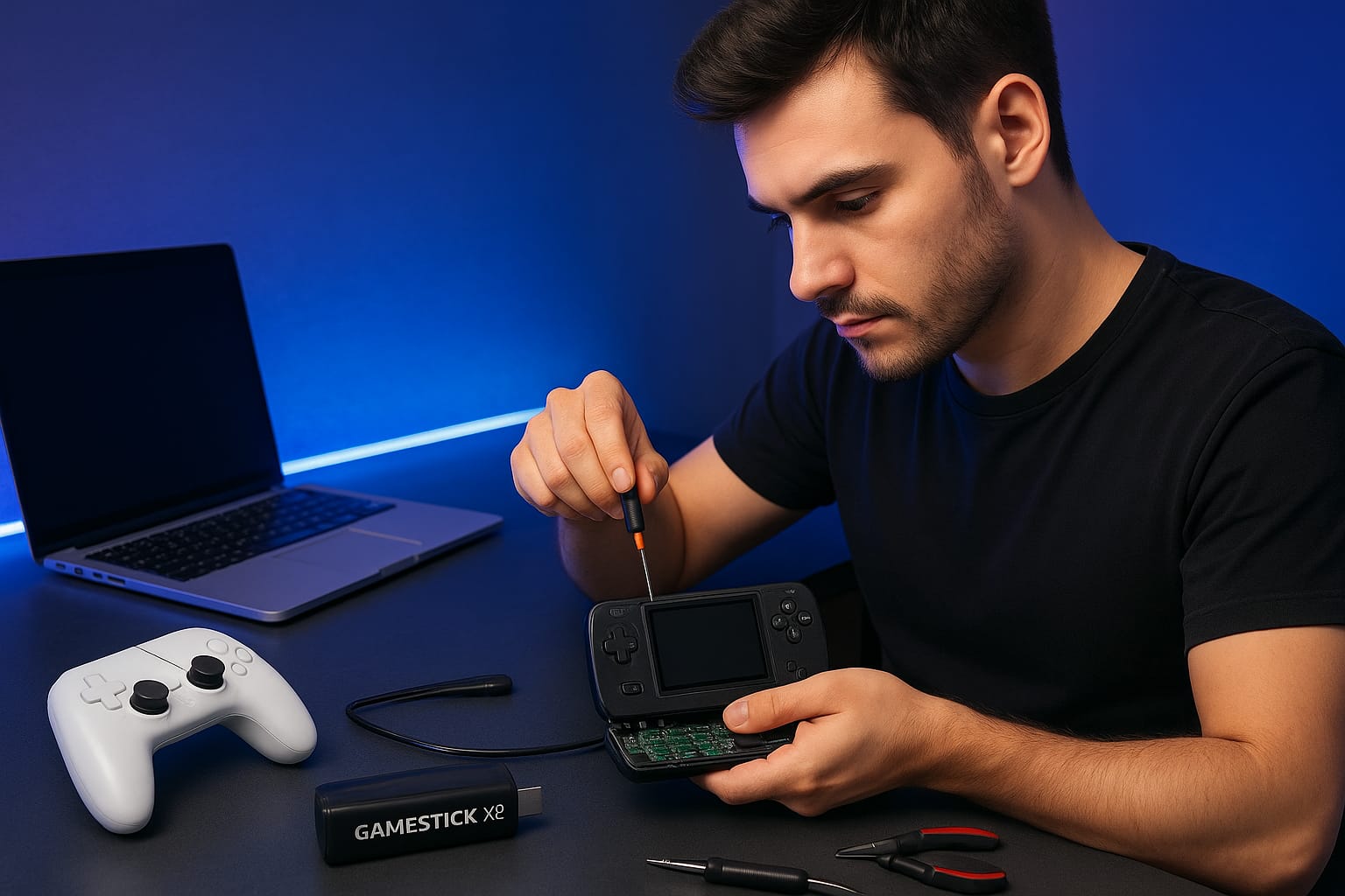 Técnico reparando consola