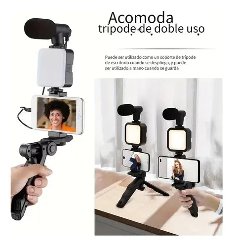 Kit de Grabación Profesional para Celular – Con Micrófono, Luz LED y Soporte